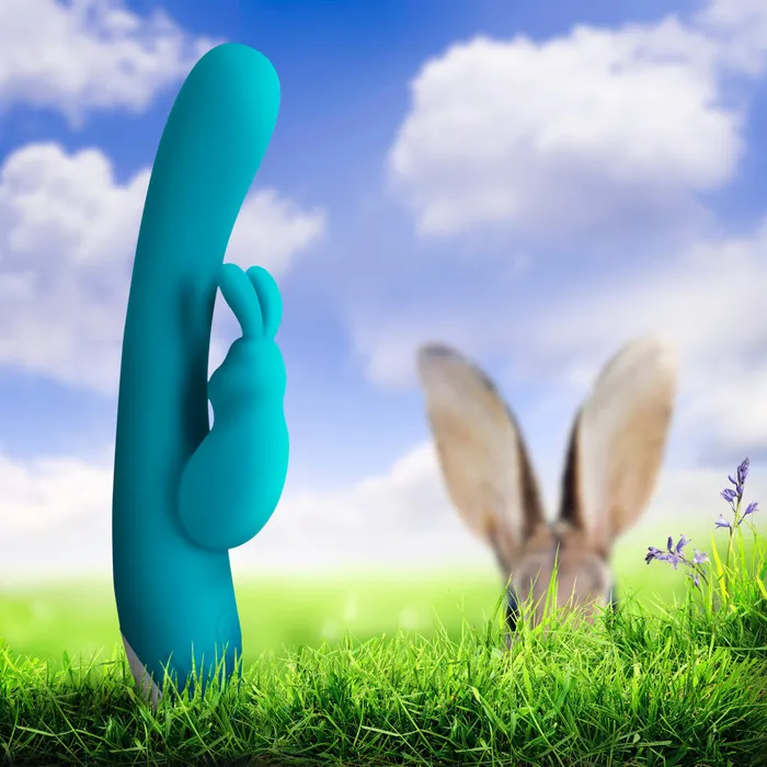 Blush Vibrators Hop By Blush Rave Rabbit Plus GSpot Clitorial Stimulating Aquamarine 8Inch Ultrasilk Silicone Rechargeable Rabbit Vibrator